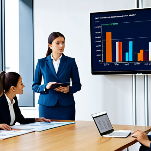 Home 14 Business Analytics Meeting**
"A professional businesswoman in a modest business suit, presenting data visualizations on a large screen in a modern office. The screen displays clear and concise charts: a bar graph comparing company performance to competitors, and a pie chart showing market share distribution. Several colleagues are attentively watching. Fully clothed, appropriate attire, safe for work, perfect anatomy, natural proportions, professional photography, high quality, family-friendly."
**