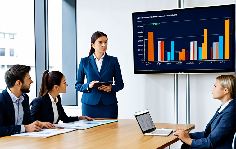 Business Analytics Meeting**

"A professional businesswoman in a modest business suit, presenting data visualizations on a large screen in a modern office. The screen displays clear and concise charts: a bar graph comparing company performance to competitors, and a pie chart showing market share distribution. Several colleagues are attentively watching. Fully clothed, appropriate attire, safe for work, perfect anatomy, natural proportions, professional photography, high quality, family-friendly."

**