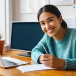 통계분석에서 학습해야 할 통계적 기법 - **Prompt:** A young adult, early 30s, with a warm smile, is seated at a well-lit wooden desk in a co...