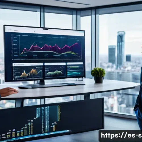 통계분석가를 위한 최신 트렌드 - A modern office environment showing a diverse team of data analysts collaborating around large trans...