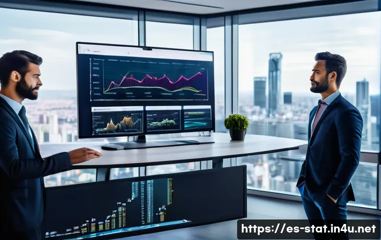 통계분석가를 위한 최신 트렌드 - A modern office environment showing a diverse team of data analysts collaborating around large trans...