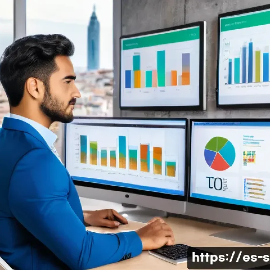 통계분석가로 성공하기 위한 조언 - A modern office workspace featuring a professional Hispanic data analyst in business casual attire, ...