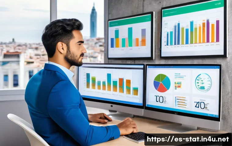 통계분석가로 성공하기 위한 조언 - A modern office workspace featuring a professional Hispanic data analyst in business casual attire, ...