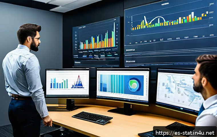 통계분석 실무와 이론의 차이 - A modern office scene with a diverse team of professionals analyzing complex statistical data on mul...