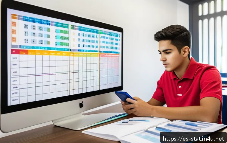 통계분석 실기 시험 대비 방법 - A detailed educational scene showing a young adult Hispanic student sitting at a desk in a bright, m...