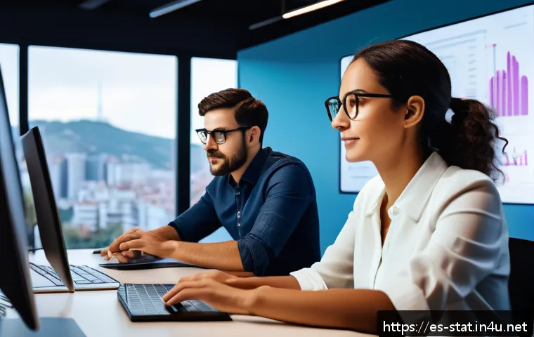 통계분석가를 위한 클라우드 서비스 활용법 - A modern, bright office environment in Spain with a diverse team of data analysts collaborating on c...