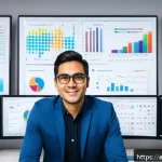 Home 23 통계분석 취업 성공 사례 - A professional data analyst working in a modern office environment, surrounded by multiple computer ...