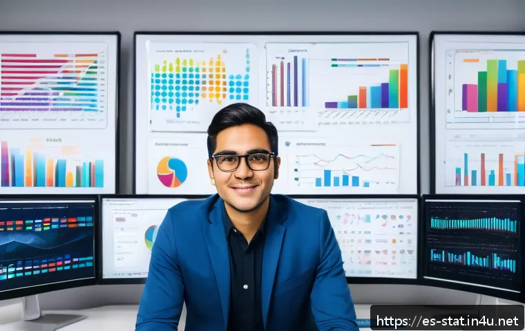 통계분석 취업 성공 사례 - A professional data analyst working in a modern office environment, surrounded by multiple computer ...